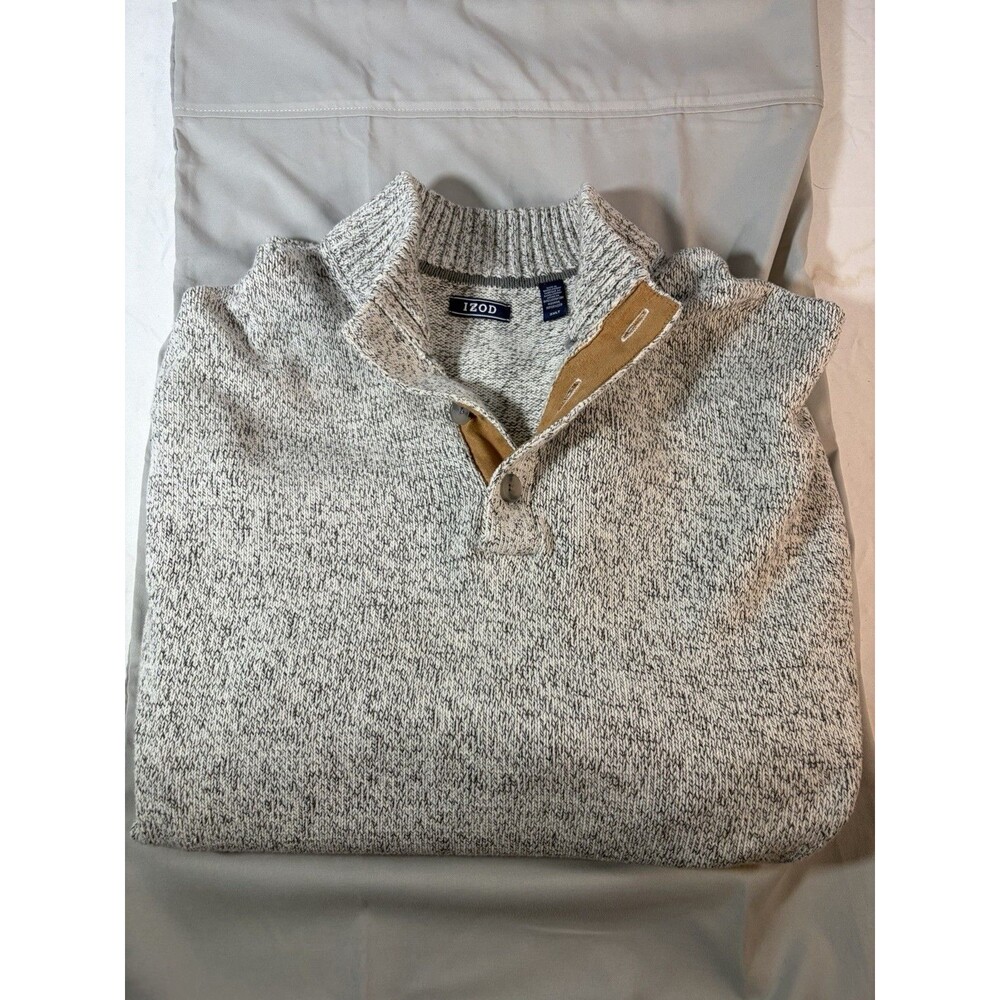 IZOD Mens Mock Neck Button Knit Long Sleeve Sweater Salt/Pepper Size XXXLT, EUC